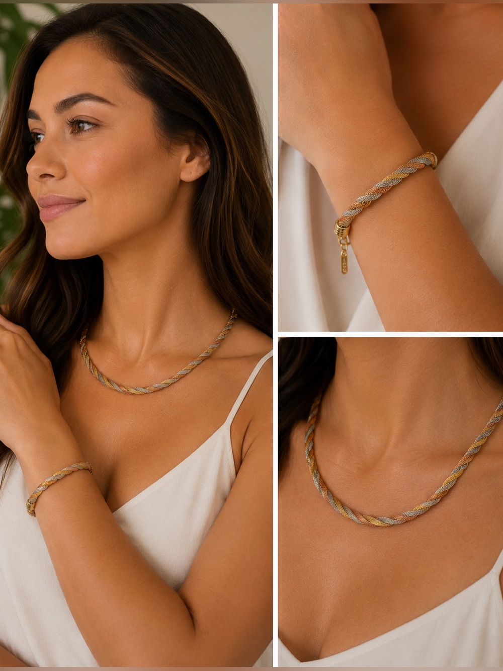 Matching tri color necklace bracelet set